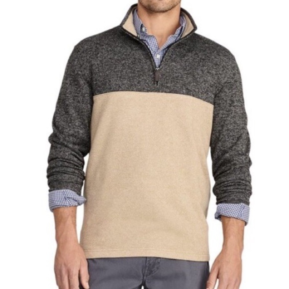 Izod Men's Gray and Tan 1/4‎ Zip Up Sweater in Camel Heather Sz-L. EE3